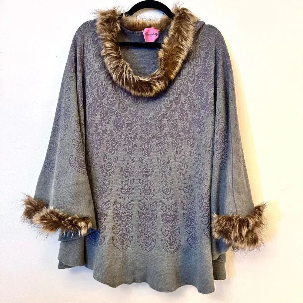 Beautifully Faux Fur Trim Patterned Poncho Sweater Brown Mauve Garnet One Size f